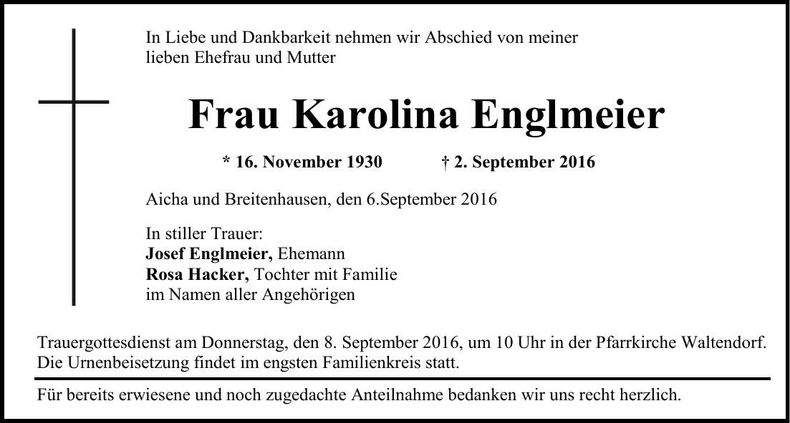 Traueranzeige Karolina Englmeier