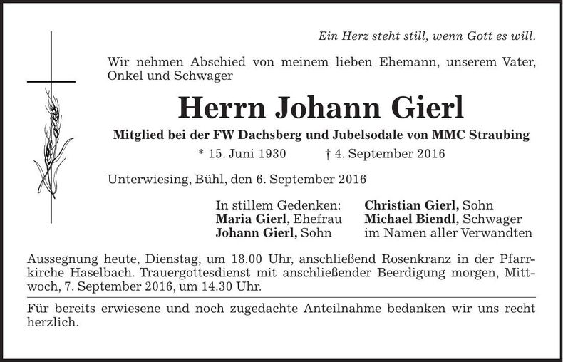 Traueranzeige Johann Gierl