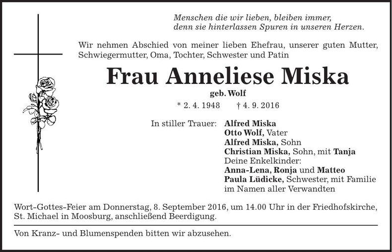 Traueranzeige Anneliese Miska