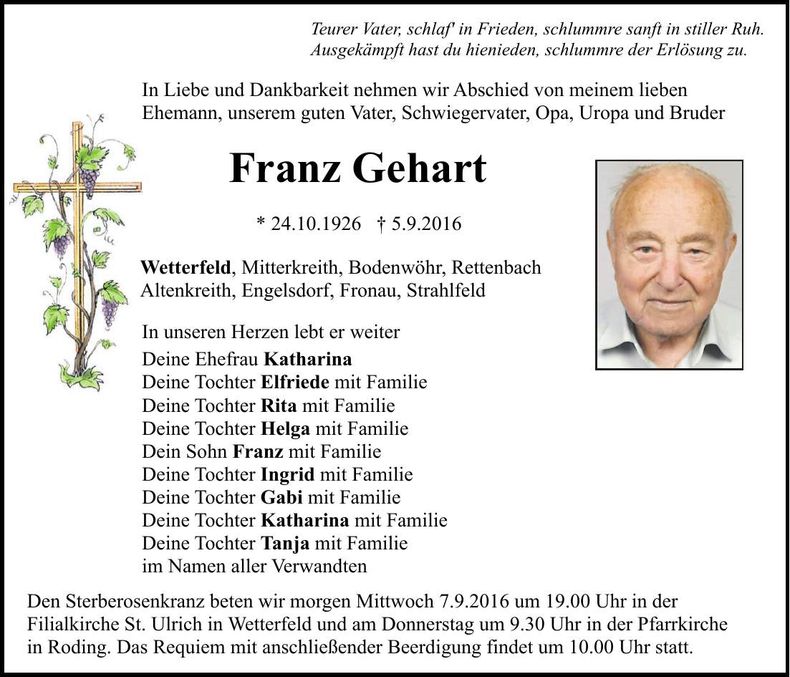 Traueranzeige Gehart Franz
