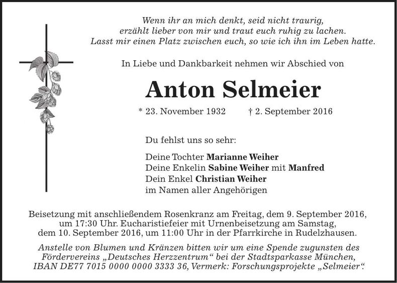 Traueranzeige Anton Selmeier