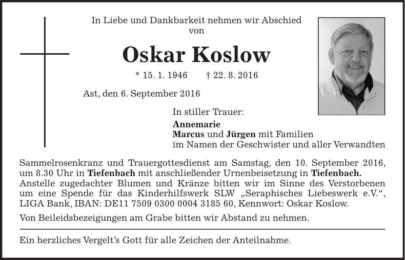 Traueranzeige Oskar Koslow