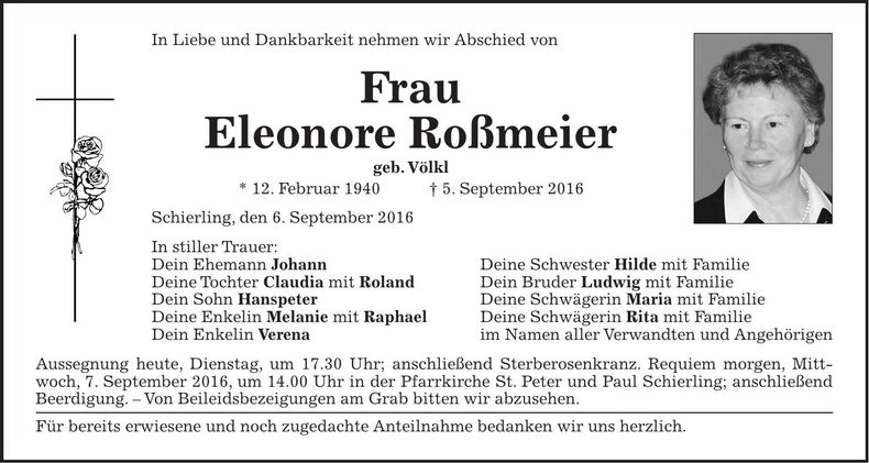 Traueranzeige Eleonore Roßmeier