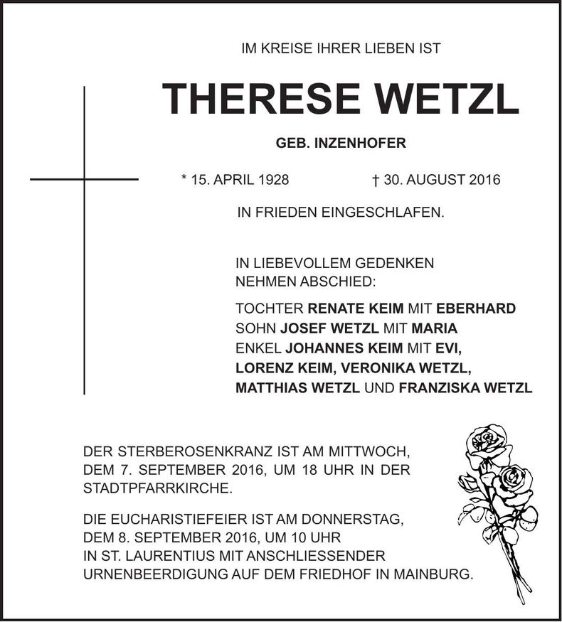 Traueranzeige Therese Wetzl