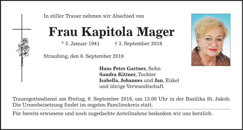 Traueranzeige Kapitola Mager