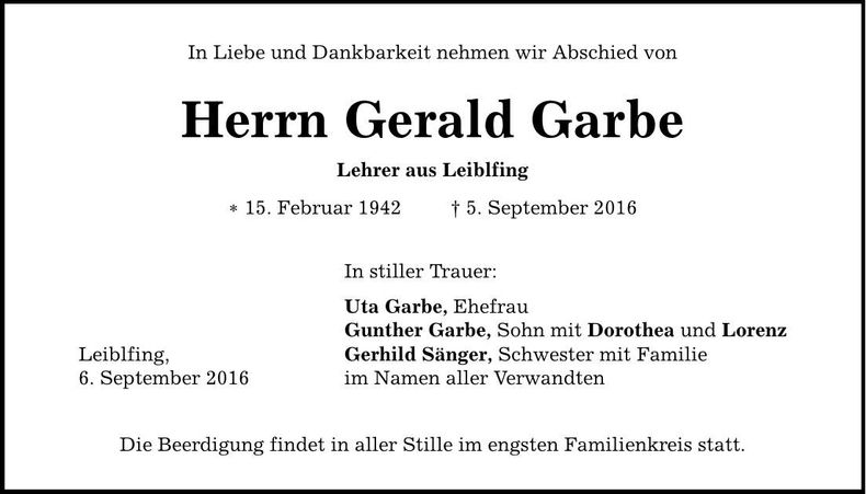 Traueranzeige Gerald Garbe