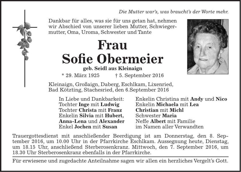 Traueranzeige Sofie Obermeier