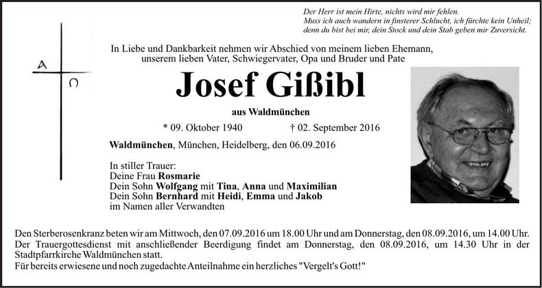 Traueranzeige Josef Gißibl