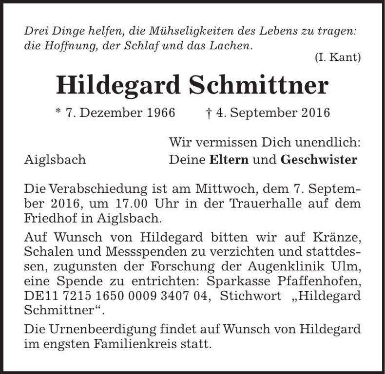 Traueranzeige Hildegard Schmittner