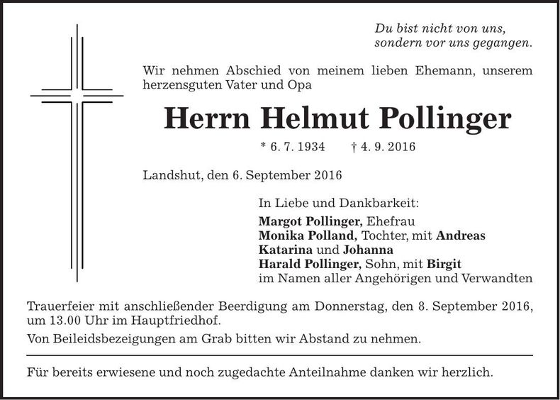 Traueranzeige Helmut Pollinger