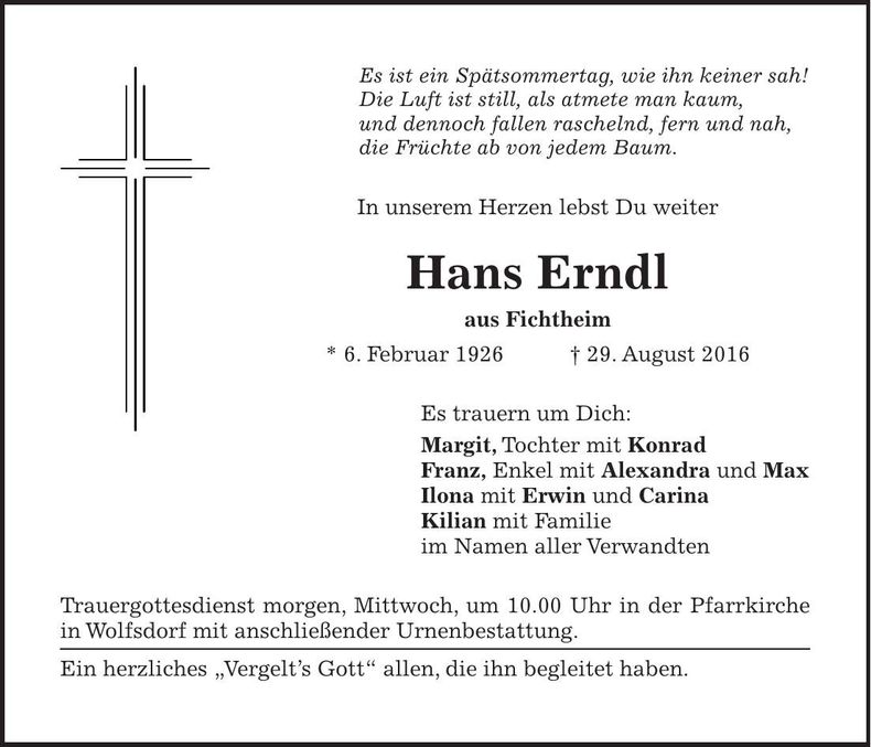 Traueranzeige Hans Erndl