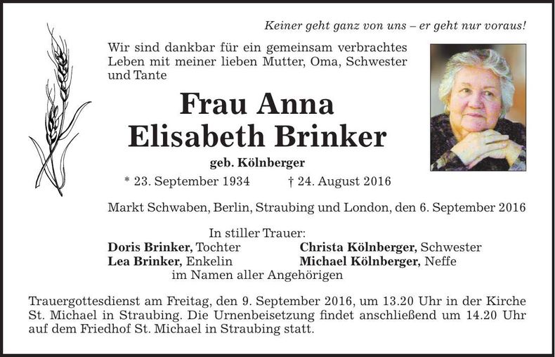 Traueranzeige Anna Elisabeth Brinker