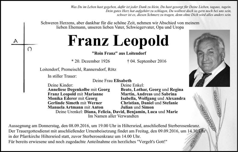 Traueranzeige Franz Leopold