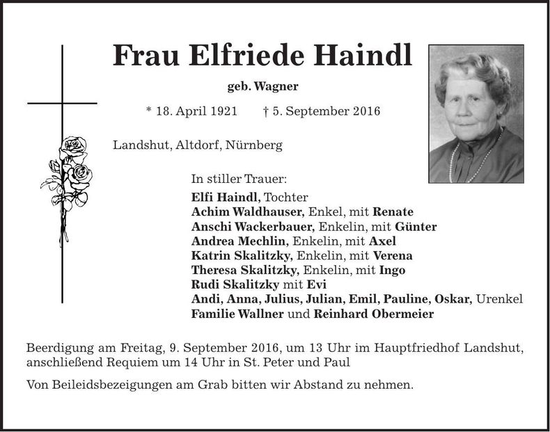 Traueranzeige Elfriede Haindl