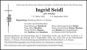 Traueranzeige Ingrid Seidl