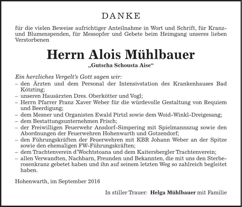 Traueranzeige Alois Mühlbauer