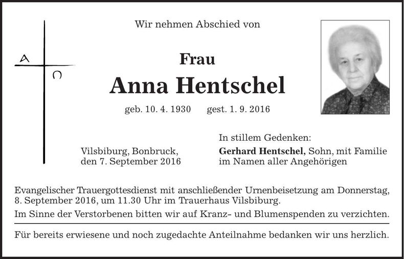 Traueranzeige Anna Hentschel