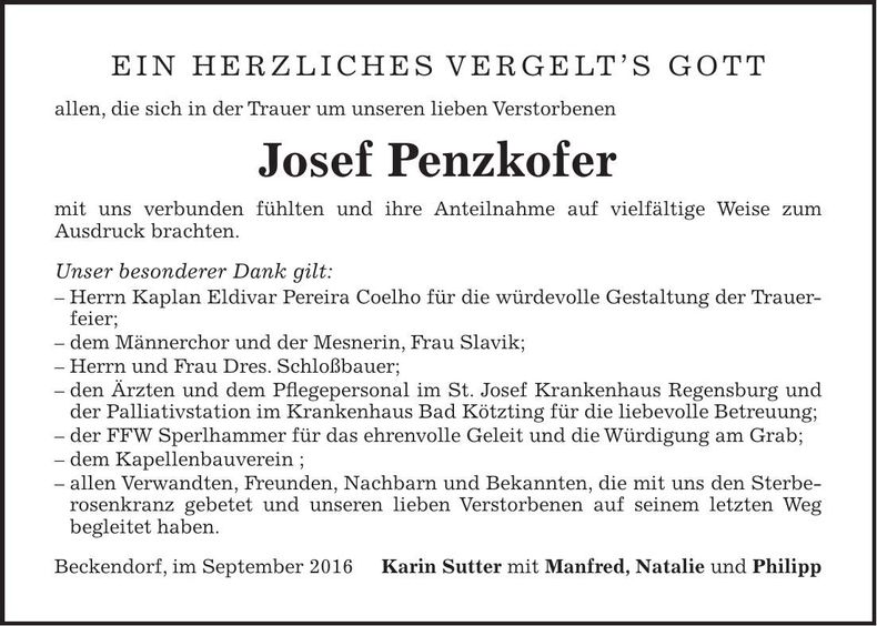 Traueranzeige Josef Penzkofer