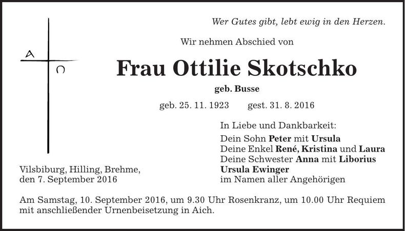 Traueranzeige Ottilie Skotschko