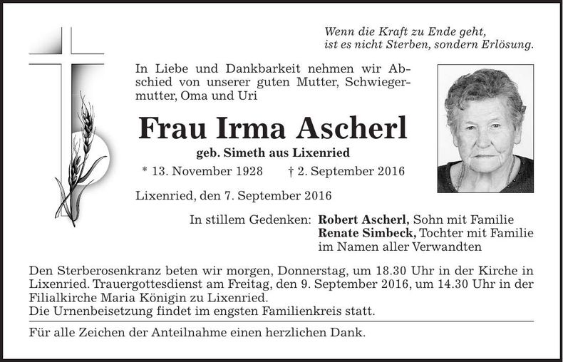 Traueranzeige Irma Ascherl