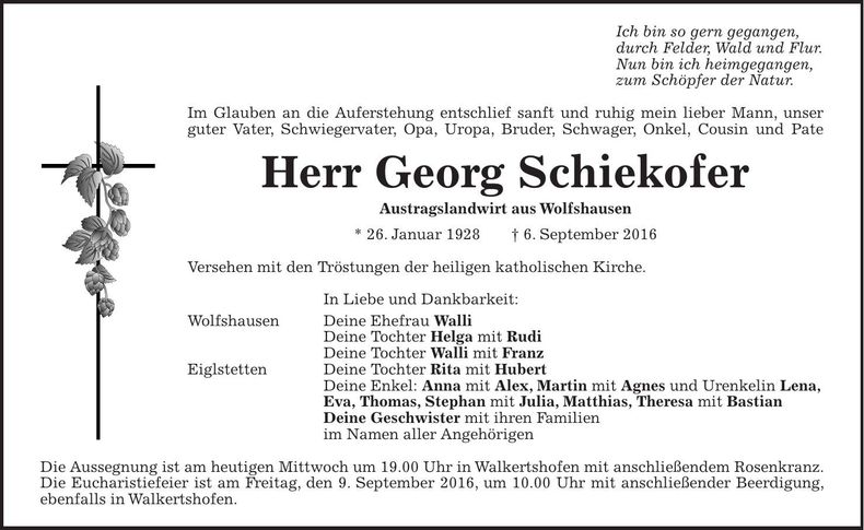 Traueranzeige Georg Schiekofer