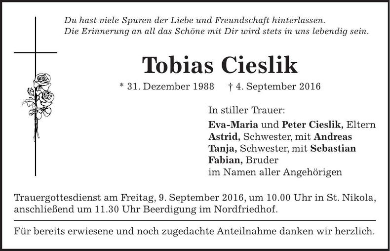 Traueranzeige Tobias Cieslik