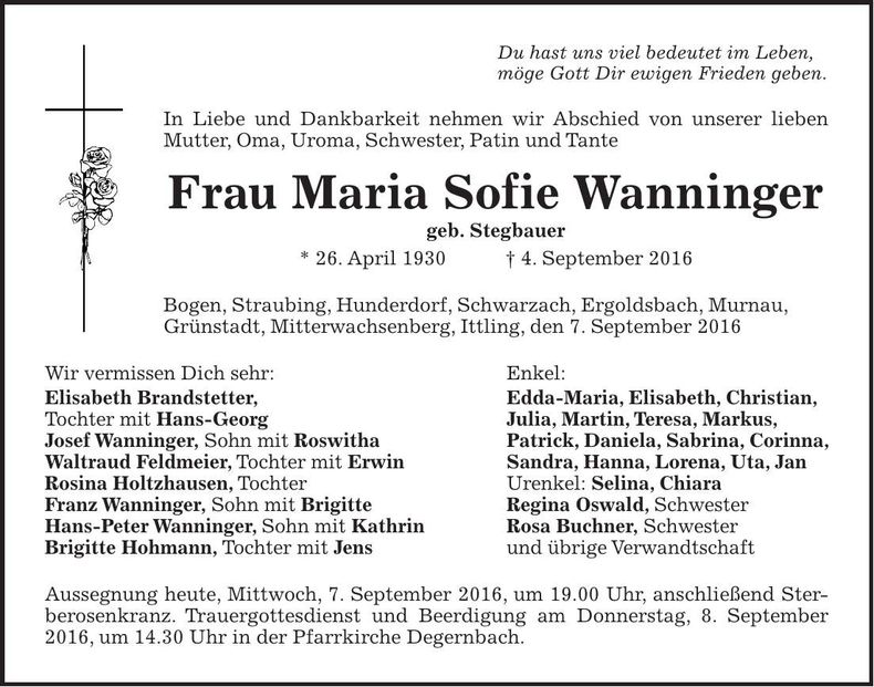 Traueranzeige Maria Sofie Wanninger