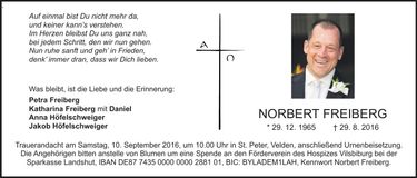 Traueranzeige Norbert Freiberg