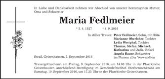 Traueranzeige Maria Fedlmeier