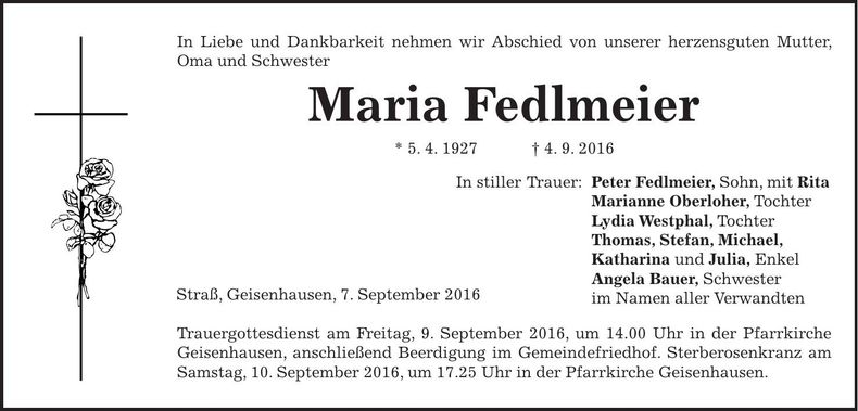 Traueranzeige Maria Fedlmeier