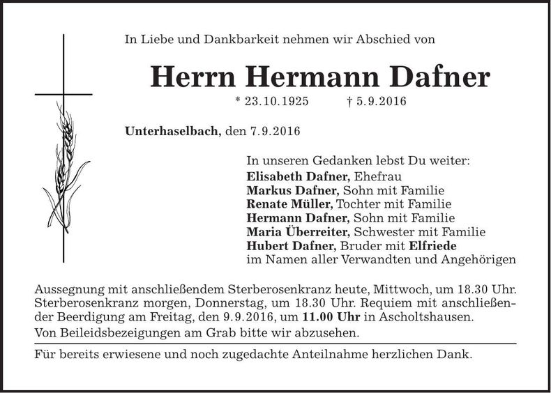 Traueranzeige Hermann Dafner