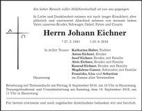 Traueranzeige Johann Eichner