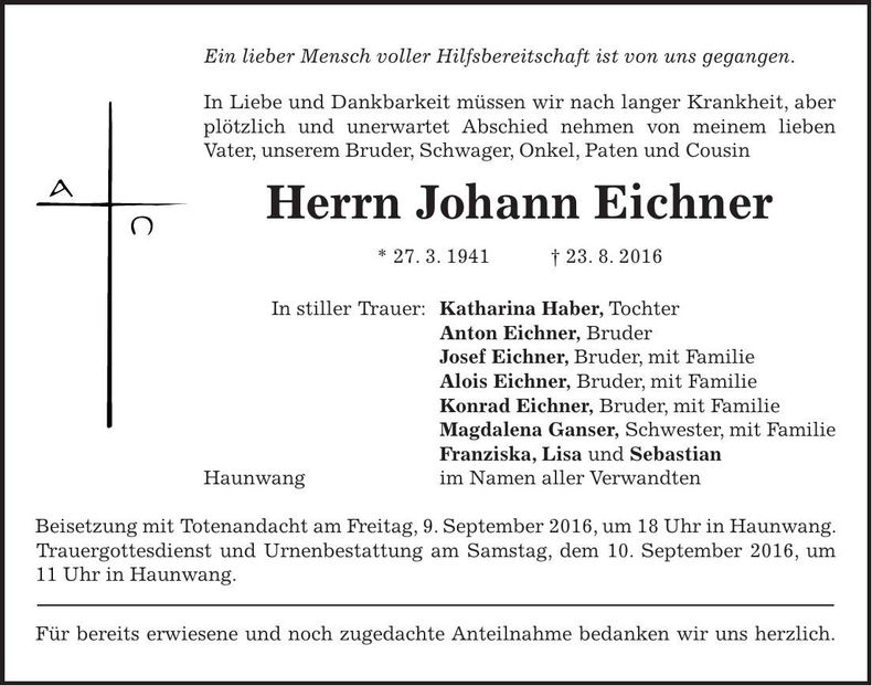 Traueranzeige Johann Eichner