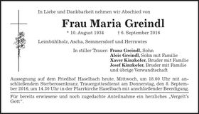 Traueranzeige Maria Greindl