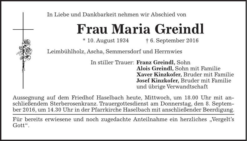 Traueranzeige Maria Greindl