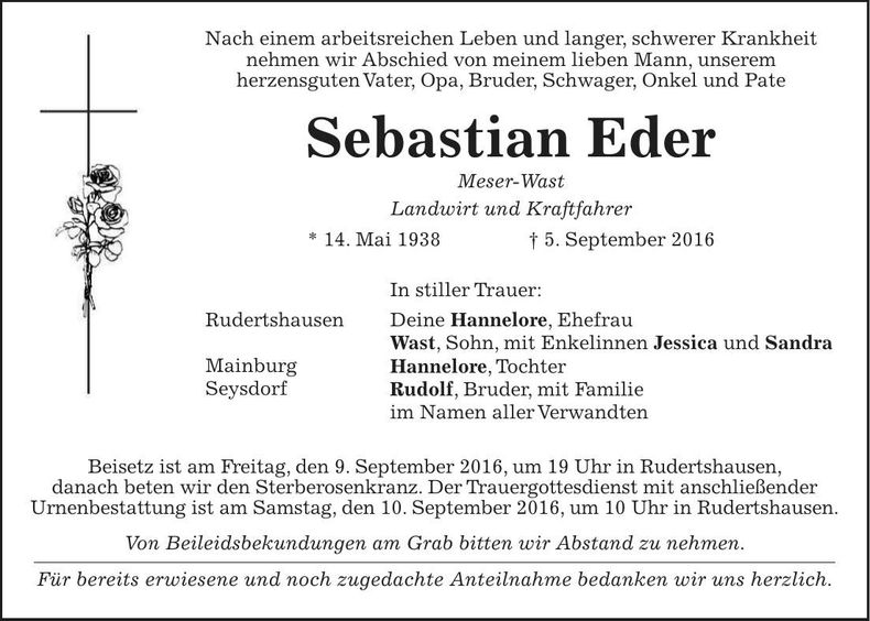 Traueranzeige Sebastian Eder
