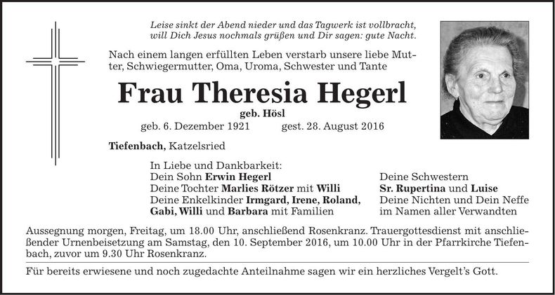 Traueranzeige Theresia Hegerl