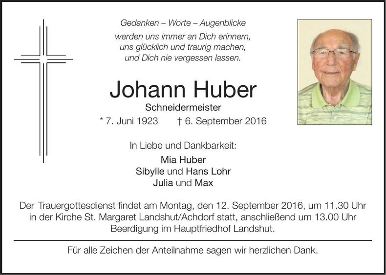 Traueranzeige Johann Huber