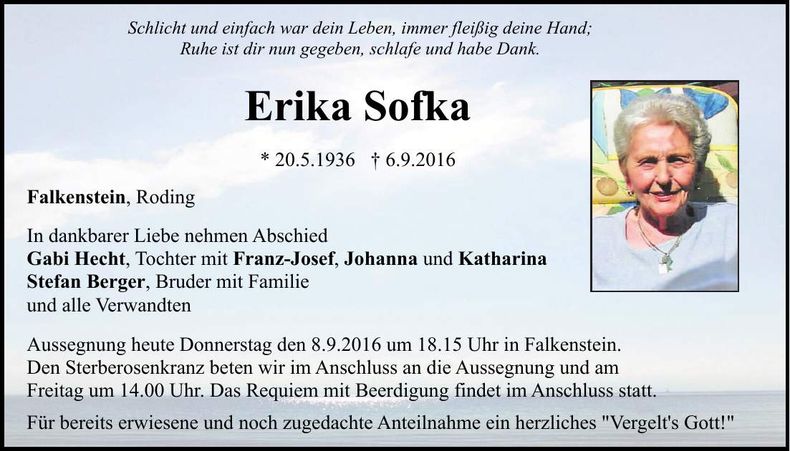 Traueranzeige Erika Sofka