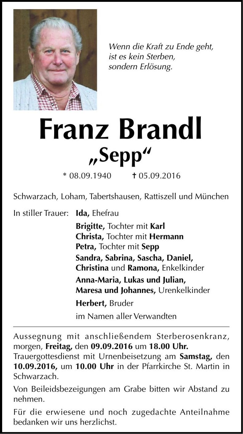 Traueranzeige Franz Brandl