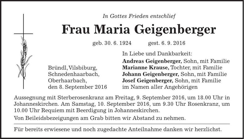 Traueranzeige Maria Geigenberger