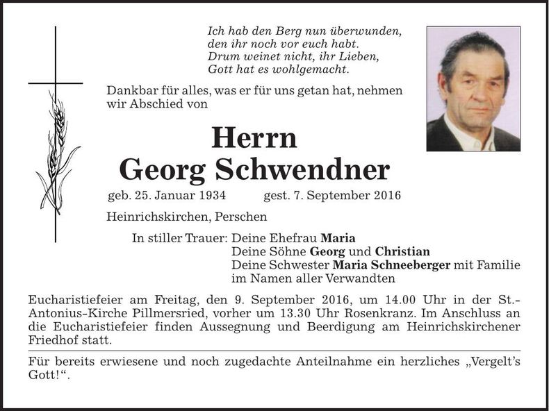 Traueranzeige Georg Schwendner