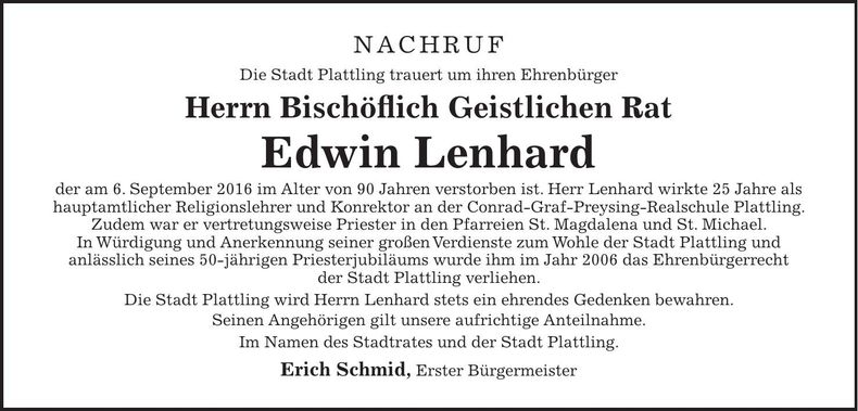 Traueranzeige Edwin Lenhard