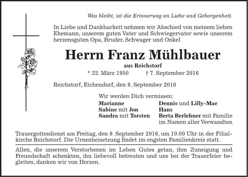 Traueranzeige Franz Mühlbauer
