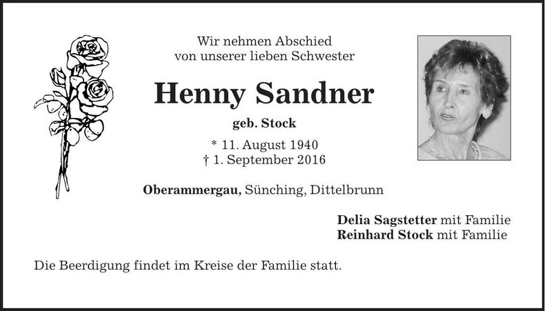 Traueranzeige Henny Sandner