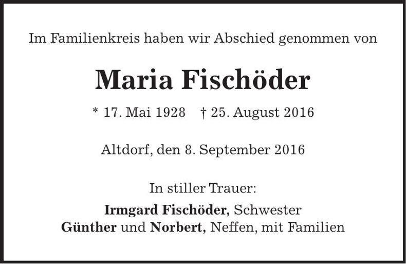 Traueranzeige Maria Fischöder
