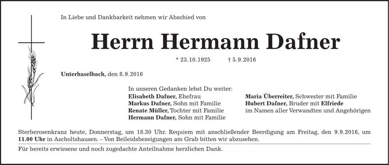 Traueranzeige Hermann Dafner