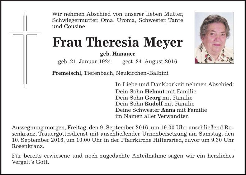 Traueranzeige Theresia Meyer