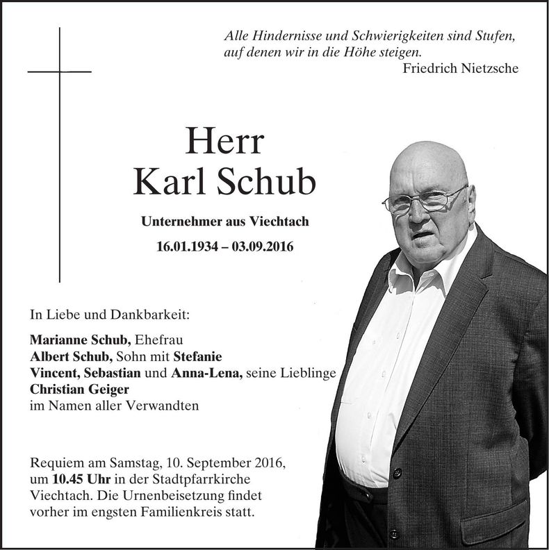 Traueranzeige Schub Karl