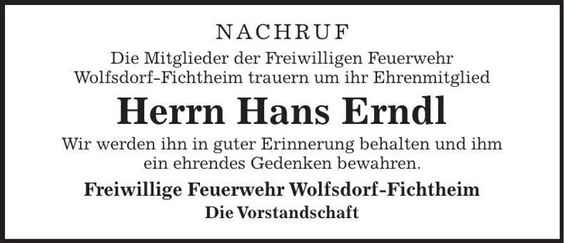 Traueranzeige Hans Erndl